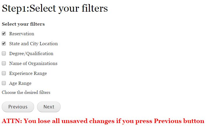 <p>We classify all government jobs so that you can search jobs based on your selection.</p> <p>Why read jobs for which you’re not qualified? So do you want job in Kashmir? Instead save your time for preparation</p> <p>Note: A job will be selected for you only if it matches ALL selection criteria mentioned below(if it is not left empty)</p> <h2>Different Selections available under FREE category</h2> <ul> <li><strong>Reservation</strong>: You can specify the reservation you’re applicable for. Yo